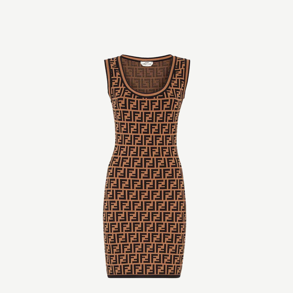 Short sleeveless dress. Made of viscose with FF motif in shades of black and brown. Finished with color block ribbed edges. Made in Italy.